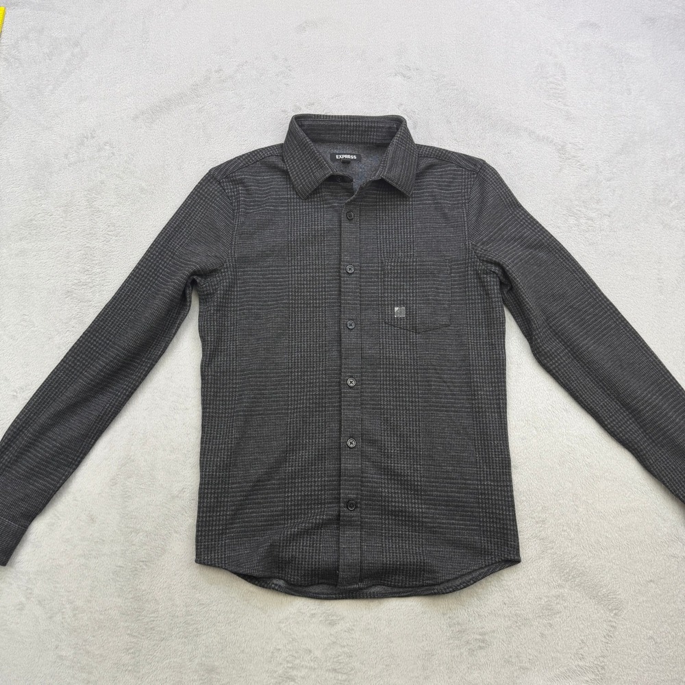 Express Shirt Mens XS Button Down Grey Plaid Textured Knit Long Sleeve Casual